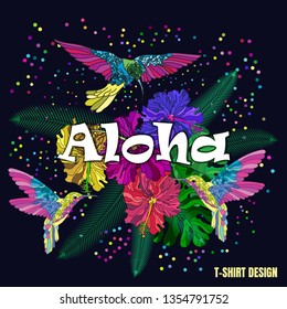 Vector illustration for decorating clothes or bags. Can be used as a postcard for a greeting or invitation. Hawaiian motifs.