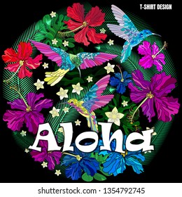 Vector illustration for decorating clothes or bags. Can be used as a postcard for a greeting or invitation. Hawaiian motifs.