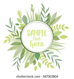 Vector illustration of decoration branches with leaves and grass, nature background with place for text