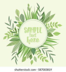 Vector illustration of decoration branches with leaves and grass, nature background with place for text