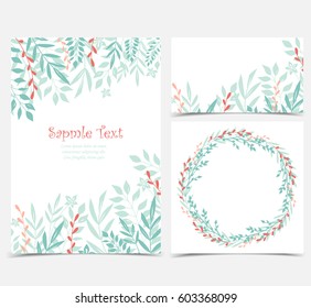 Vector illustration of decoration branches witt leaves. Set of greeting cards