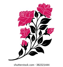 vector illustration, decoration element, black and white rose branch with red flowers