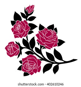 vector illustration, decoration element, black and white rose branch with red flowers