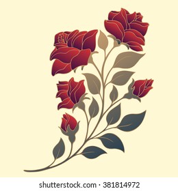 vector illustration, decoration element, rose branch with red flowers