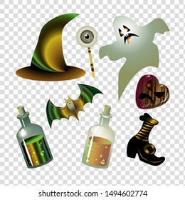 Vector illustration of decoration elements for halloween holiday. Isolated items for decoration. Sorceress hat, potion, eye, sweeping mouse, ghost.