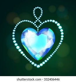 Vector illustration: decoration in form of heart made of turquoise glittering crystals isolated on green background with bokeh circles