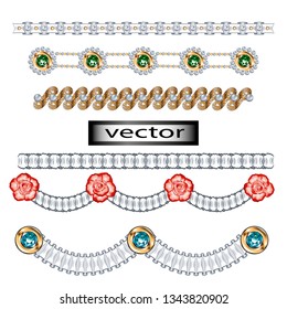 Vector illustration decoration of gold and precious stones and pearls, lace, ruffles pleated, 3D image isolated on white background