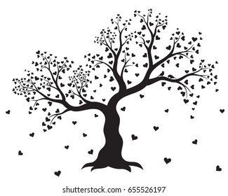 Vector illustration of decorative, abstract tree with hearts and couple of birds in black color on white background. Wall sticker. 