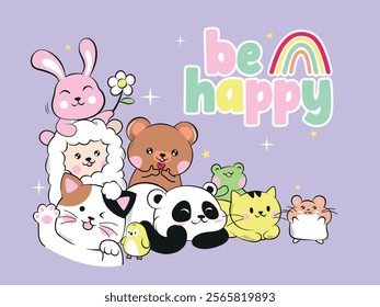 Vector illustration, decorative animal friends, stars and rainbow. Design for printing on shirt, poster, banner. Lovely print for t-shirt