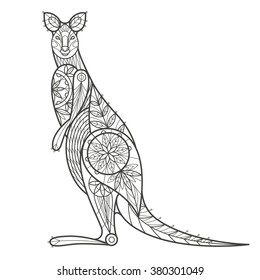 Vector illustration decorative Australian kangaroo on white background. Fashion trend adult coloration. Vector with oriental motif. Black and white. Modern design