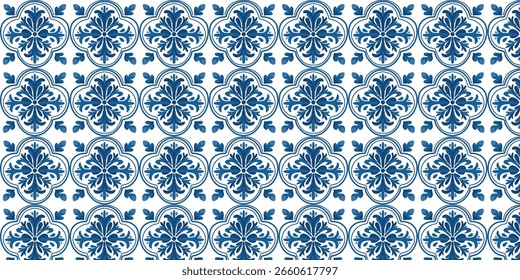 vector illustration of decorative azulejo mosaic ornament in blue tones