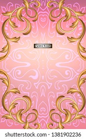 Vector illustration. Decorative background in classic style with Oriental ornament and gold frame in pink and yellow