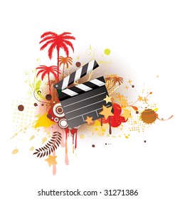 A vector illustration of decorative background with palm trees, grunge circles and movie clapper board