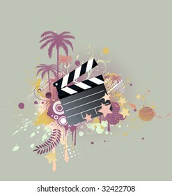 A vector illustration of decorative background with palm trees, grunge circles and movie clapper board
