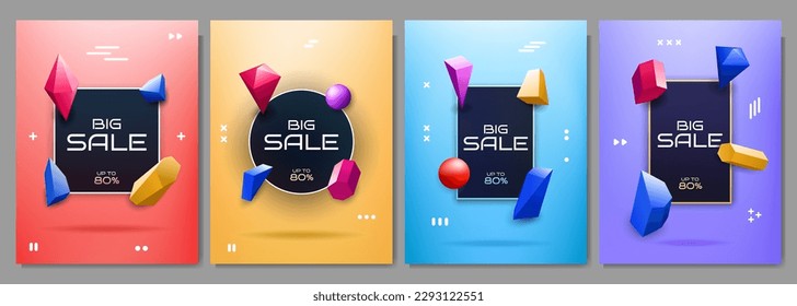 Vector illustration. Decorative backgrounds set. Design for business card, poster, promotion, layout, label, flyer. Text bubble. Modern 3d style. Ball, cube, cylinder shapes. Fashion offer season