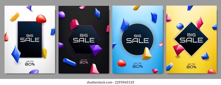 Vector illustration. Decorative backgrounds set. Design for business card, poster, promotion, layout, label, placard. Frame for text. Modern 3d style. Ball, cube, cylinder shapes. Fashion offer season
