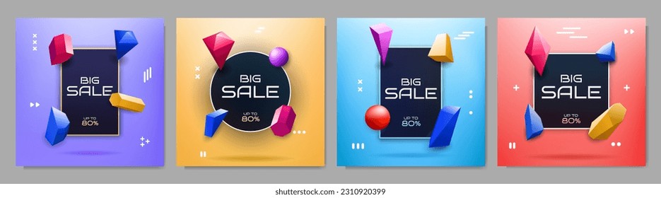 Ilustración vectorial. Montaje decorativo. Diseño para tarjetas de visita, promoción, plantilla de medios sociales, banner web. Burbuja de texto. Estilo moderno 3d. Pelota, cubo, formas de cilindro. Temporada de ofertas de moda
