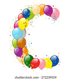 Vector illustration of decorative balloons C letter. Balloons, confetti and ribbons are on separate layers.