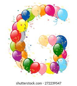 Vector illustration of decorative balloons G letter. Balloons, confetti and ribbons are on separate layers.