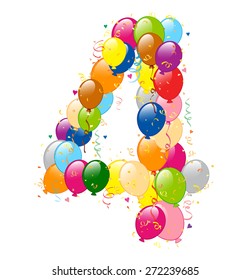 Vector illustration of decorative balloons number 4. Number is made of balloons, confetti and ribons.