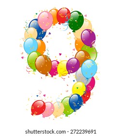 Vector illustration of decorative balloons number 9. Number is made of balloons, confetti and ribons.