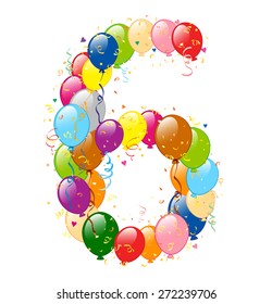 Vector illustration of decorative balloons number 6. Number is made of balloons, confetti and ribons.
