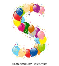 Vector illustration of decorative balloons S letter. Balloons, confetti and ribbons are on separate layers.