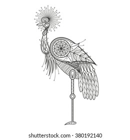 Vector illustration decorative bird crane on white background. Fashion trend of adult coloration. Elements oriental motif. Black and white. Modern vector design.
