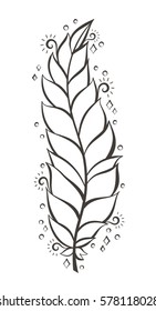 Vector illustration: decorative bird feather silhouette isolated on white background.