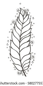 Vector illustration: decorative bird feather silhouette isolated on white background.
