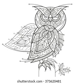 Vector illustration decorative bird on white background. Fashion trend of adult coloration.  Owl with elements oriental motif Turkish cucumber. Black and white. Modern design.