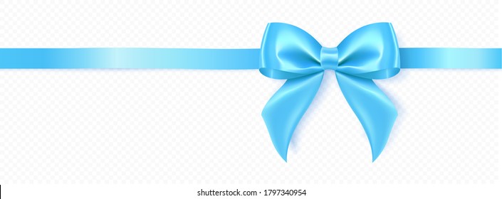 Vector illustration. Decorative blue ribbon bow, realistic holiday ribbon isolated on white background with transparent shadow.