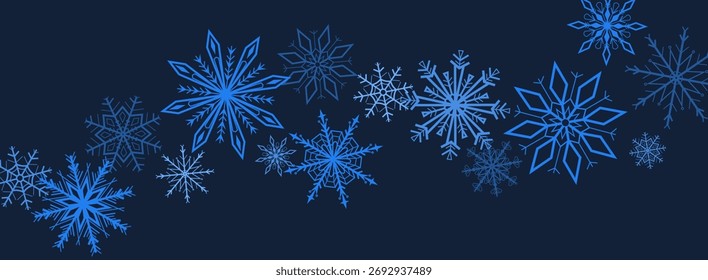 Vector illustration of decorative blue snowflakes arranged in a curved garland on a dark background. Elegant winter composition perfect for Christmas cards, invitations, banners, and holiday design