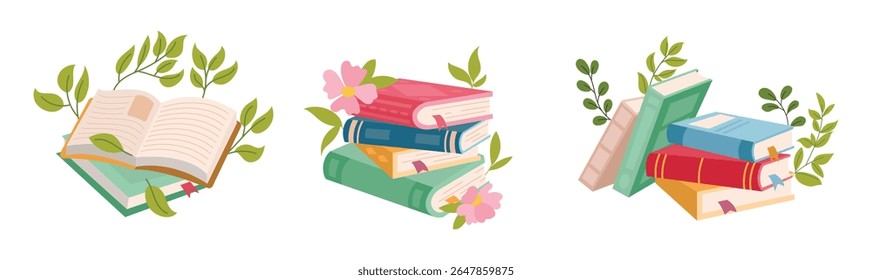 Vector illustration of decorative books with flowers and leaves. Aesthetic floral book design in flat style