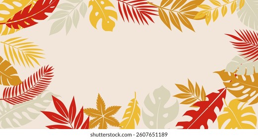 Vector illustration with decorative border composed of vibrant tropical leaves in shades of red, orange, and yellow, arranged in a circular pattern on a light background.