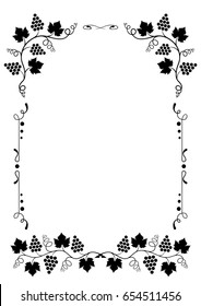 Vector illustration of decorative border and separator, template for menu or card with bunches of ripe grapes, leaves and curlicue. Calligraphy and typography design element. Page format A 4. EPS 10