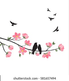 Vector illustration of decorative branches with flowers and birds. Spring sakura blossom