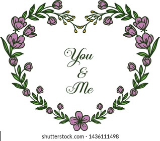 Vector illustration decorative of card you and me for ornate of purple wreath frames