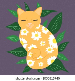 Vector illustration with decorative cat with flowers and leaves. Colorful illustration with beautiful cat and flowers. Art poster for decorations.