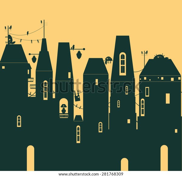 Vector Illustration Decorative Cats Houses Windows Royalty Free