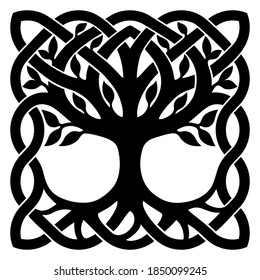 Ilustración vectorial, árbol decorativo de la vida celta, diseño blanco y negro