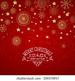 Vector Illustration of a Decorative Christmas Background with Golden Snowflakes and Stars