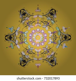 Vector illustration. Decorative christmas background with bokeh yellow, gray and whites and snowflakes.