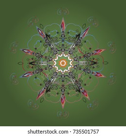 Vector illustration. Decorative christmas background with bokeh green, gray and blues and snowflakes.