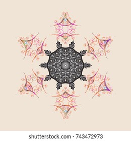 Vector illustration. Decorative christmas background with bokeh beige, gray and oranges and snowflakes.