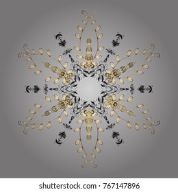 Vector illustration. Decorative christmas background with bokeh gray and yellows and snowflakes.