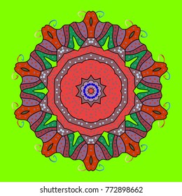 Vector illustration. Decorative christmas background with green, pink and oranges snowflake.