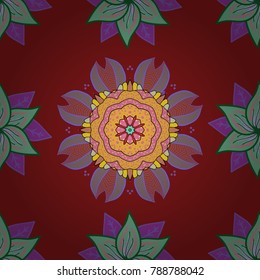 Vector illustration. Decorative christmas background with bokeh red, green and violets and snowflakes.