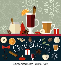 Vector illustration of decorative Christmas composition with traditional beverages, spices and candles.