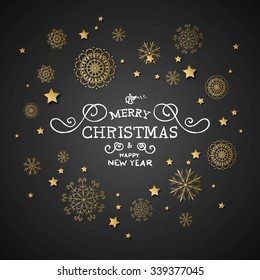 Vector Illustration of a Decorative Christmas Design with Golden Snowflakes and Stars